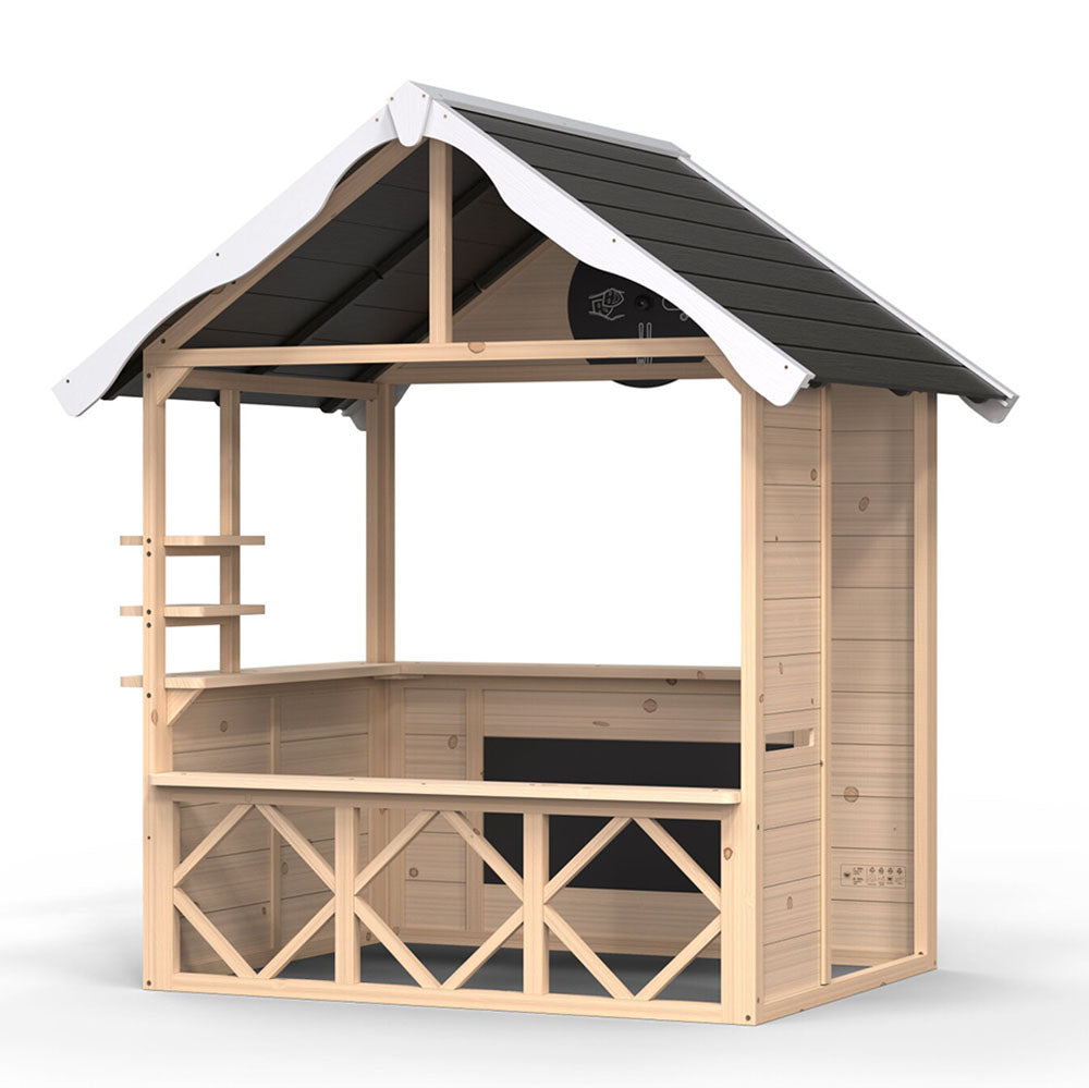 Robincool Casita Infantil De Madera 1,2 M² – Diseño Abierto Con Ventanas, Banco Exterior Y Tejado A Dos Aguas