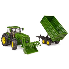 Cargar imagen en el visor de la galería, Tractor de juguete John Deere 7R 350 con cargador frontal y remolque