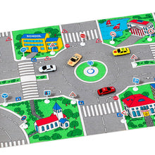 Load image into Gallery viewer, Road mat with toy cars and traffic signs