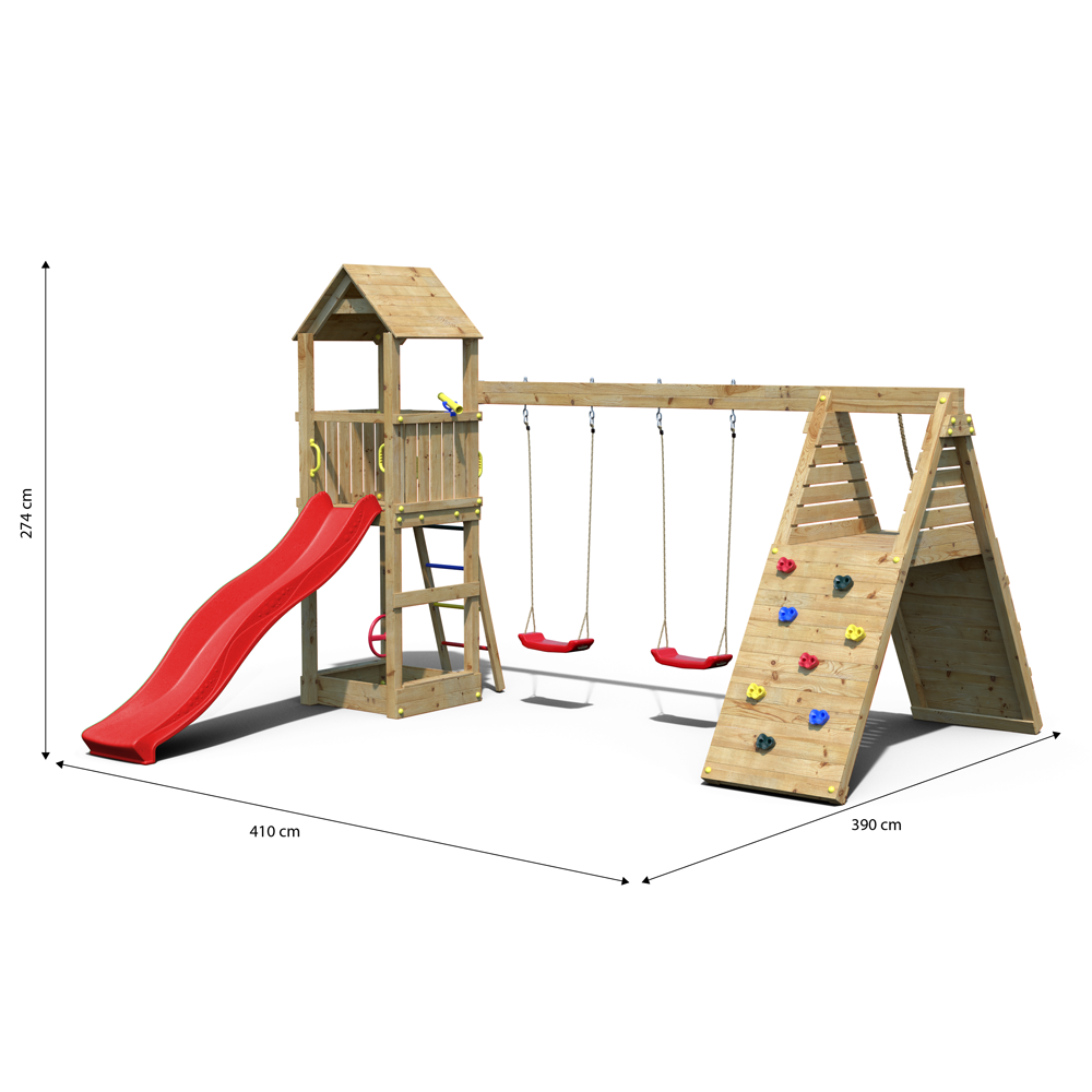 parque infantil con columpios, tobogán, escaleras de escalada y