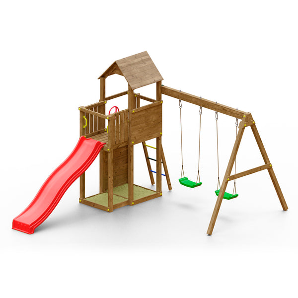 Parque infantil con rocódromo columpio doble