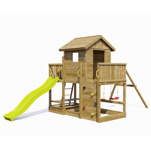 Cargar imagen en el visor de la galería, Casita de madera con tobogán y columpios para jardín