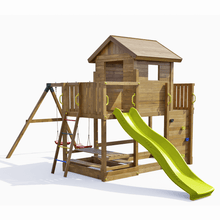 Cargar imagen en el visor de la galería, Casita de madera con tobogán amarillo y columpios para jardín