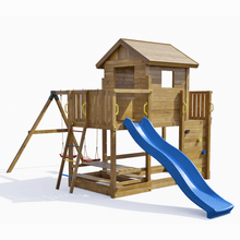 Cargar imagen en el visor de la galería, Casita de madera con tobogán azul y columpios para jardín