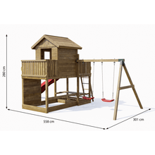 Cargar imagen en el visor de la galería, Casita de madera con columpios para jardín