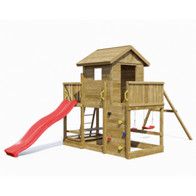 Cargar imagen en el visor de la galería, Casita de madera con tobogán y columpios para jardín