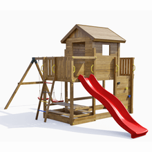 Cargar imagen en el visor de la galería, Casita de madera con tobogán rojo y columpios para jardín