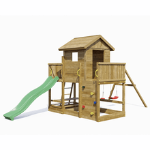 Cargar imagen en el visor de la galería, Casita de madera con tobogán y columpios para jardín