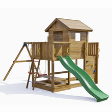 Cargar imagen en el visor de la galería, Casita de madera con tobogán verde y columpios para jardín