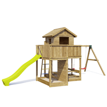 Carregar imatge al visor de la galeria, casita de madera con columpios y tobogán