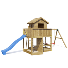 Carregar imatge al visor de la galeria, casita de madera con columpios y tobogán azul