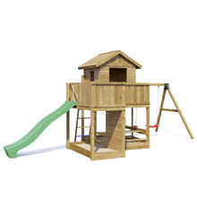 Carregar imatge al visor de la galeria, casita de madera con columpios y tobogán verde