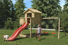 Load image into Gallery viewer, Galaxy S climbing frame with swing, wooden house and slide