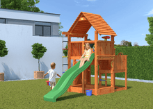 Cargar imagen en el visor de la galería, Parque infantil Big Leader color Teca con rocódromo, cuerdas y tobogán