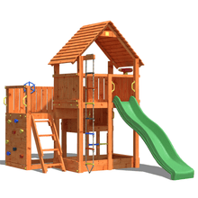 Cargar imagen en el visor de la galería, Parque infantil Big Leader color Teca con rocódromo, cuerdas y tobogán