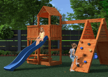 Load image into Gallery viewer, Fluppi Teak color climbing frame with climbing wall, sandpit and picnic table