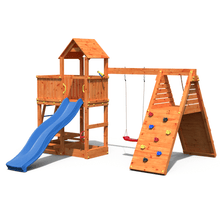 Load image into Gallery viewer, Fluppi Teak color climbing frame with climbing wall, sandpit and picnic table
