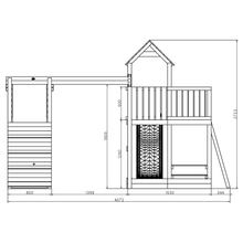 Load image into Gallery viewer, Fluppi Teak color climbing frame with climbing wall, sandpit and picnic table