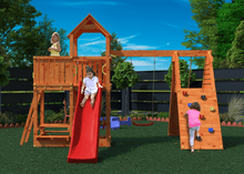 Load image into Gallery viewer, Fluppi Teak color climbing frame with climbing wall, sandpit and picnic table