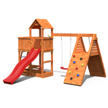 Load image into Gallery viewer, Fluppi Teak color climbing frame with climbing wall, sandpit and picnic table