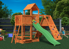 Load image into Gallery viewer, Fluppi Teak color climbing frame with climbing wall, sandpit and picnic table