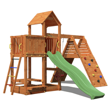 Load image into Gallery viewer, Fluppi Teak color climbing frame with climbing wall, sandpit and picnic table