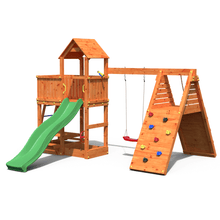 Load image into Gallery viewer, Fluppi Teak color climbing frame with climbing wall, sandpit and picnic table