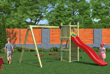 Carregar imatge al visor de la galeria, Parc infantil Funny 3 amb gronxador doble, tobogan i rocòdrom