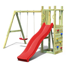 Carregar imatge al visor de la galeria, Parc infantil Funny 3 amb gronxador doble, tobogan i rocòdrom