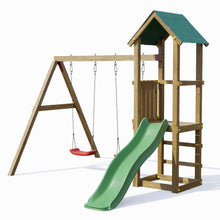 Load image into Gallery viewer, Torre con columpios y tobogán verde
