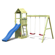 Load image into Gallery viewer, parque infantil con columpio doble y tobogán azul