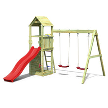 Load image into Gallery viewer, parque infantil con columpio doble y tobogán rojo