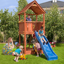 Load image into Gallery viewer, Joy slide for garden in Teak colour with tower and sandpit