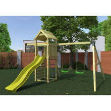 Load image into Gallery viewer, parque infantil para jardín con columpio doble y tobogán