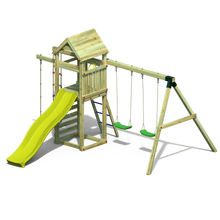 Load image into Gallery viewer, Parque infantil para jardín con columpio doble y tobogán amarillo