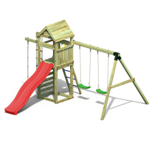 Load image into Gallery viewer, Parque infantil para jardín con columpio doble y tobogán