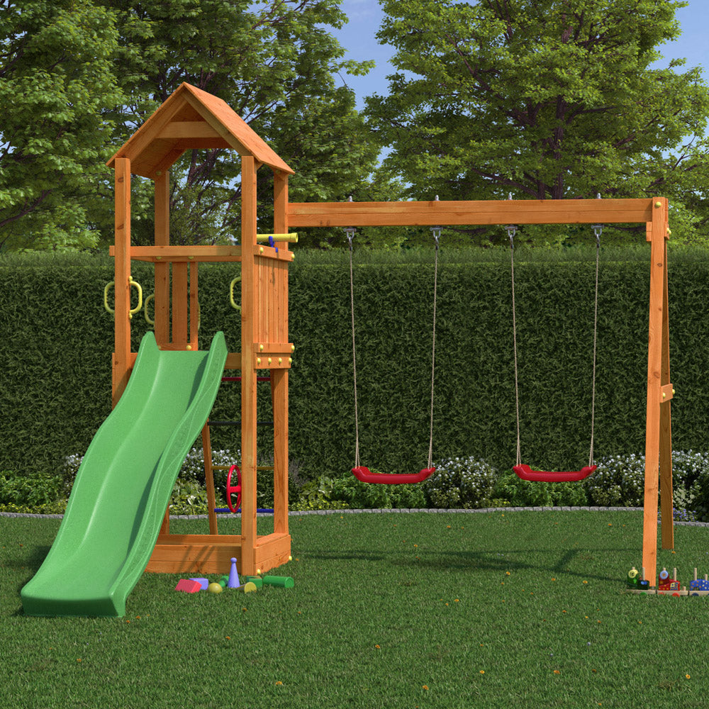 Casita Infantil De Madera FSC Con Tobogán, Columpio, Arenero Y Techo Impermeable - Parque De Juegos Exterior De 330x350x242 Cm - Edad 3-7 Años