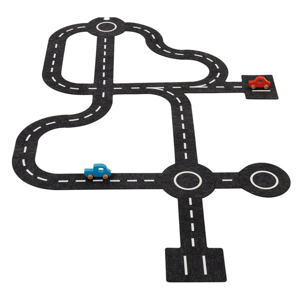 Goki toy roads with 2 wooden cars