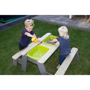 Sand and water table with picnic and two Aksent benches