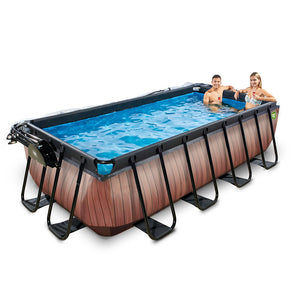 Exit Wood swimming pool 400x200x100 with sand filter, ladder and dome - brown