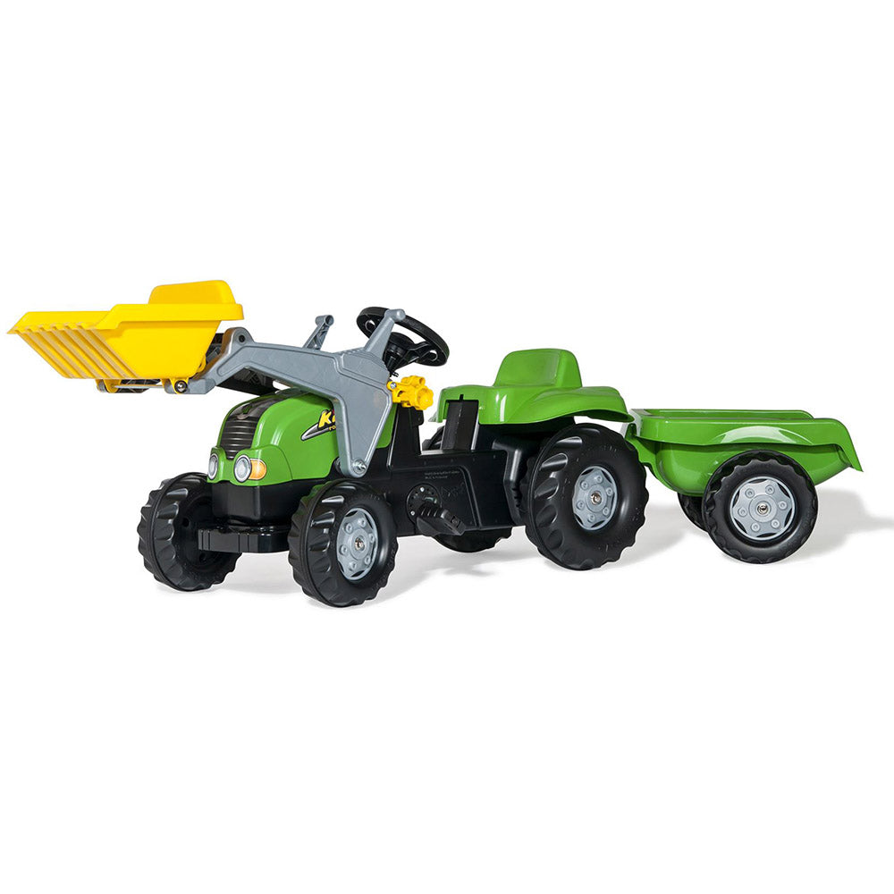 Green pedal tractor with loader and trailer