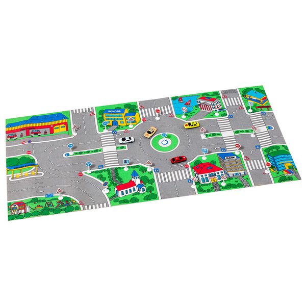 Tapete de estradas com carros de brinquedo e sinais de trânsito