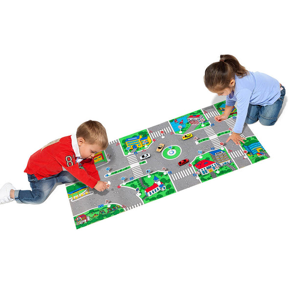 Tapete de estradas com carros de brinquedo e sinais de trânsito