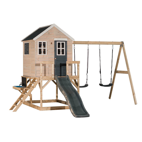 Casa infantil para jardín My Lodge con columpio doble, tobogán y cocina