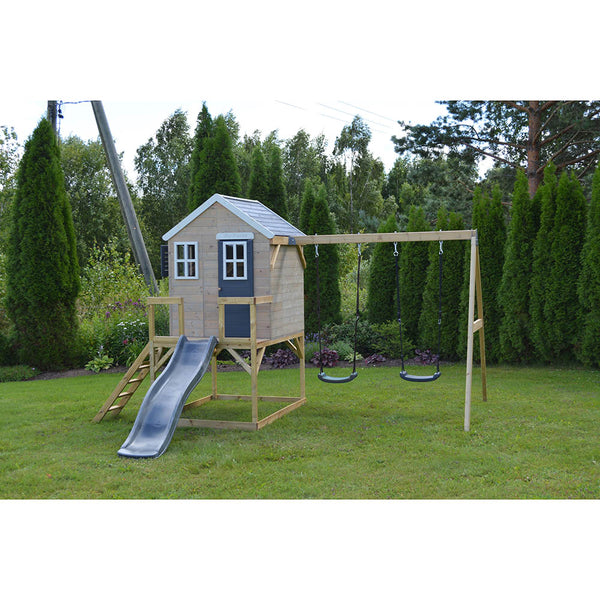 Casa infantil para jardín My Lodge con columpio doble, tobogán y cocina