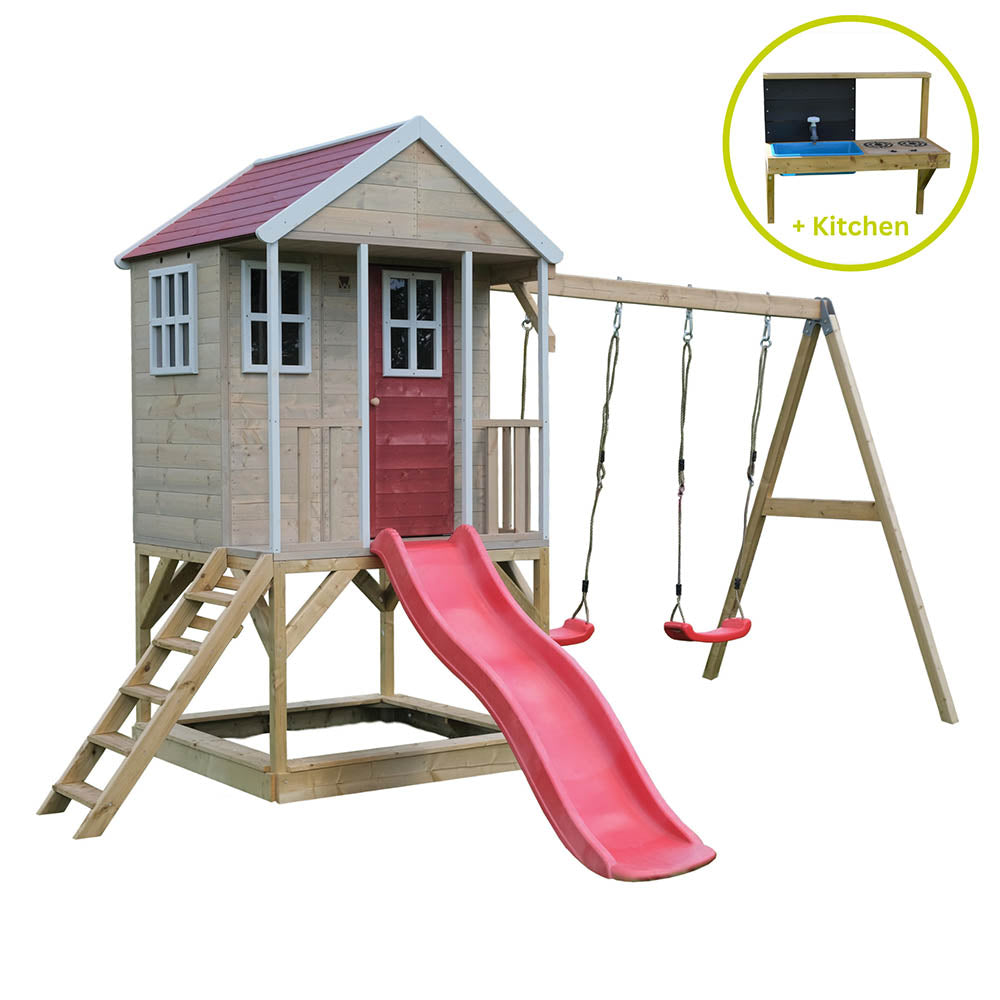 Wooden Playhouse - Nordic Adventure with double swing, slide and kitchen