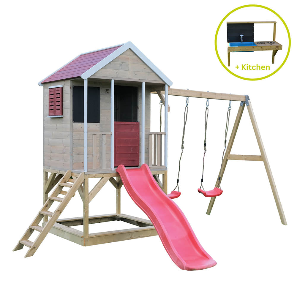 Wooden Playhouse - Summer Adventure with Double Swing, Slide, and Kitchen