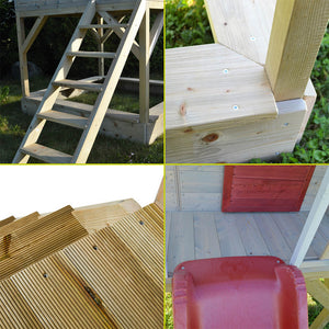 Wooden Playhouse - Summer Adventure with Double Swing, Slide, and Kitchen