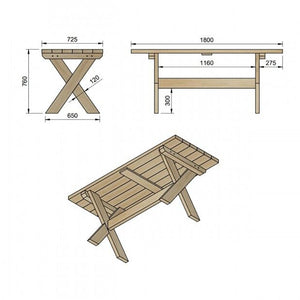 Mesa de picnic XERTA 180 Madera sin pintar para Uso Público y Privado