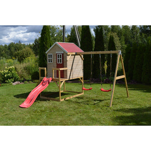 Parque infantil para jardín My Lodge con columpio doble, tobogán y gimnasio